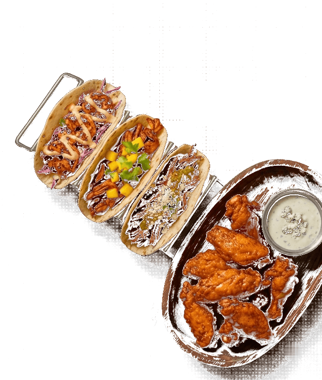 Loaded tacos in a steel rack beside a bowl of glazed chicken wings — Loco Wings & Tacos, Joliet, Illinois